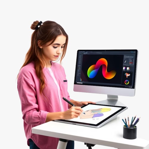 Students learning graphic design at KD Digital Classes using Photoshop and Corel